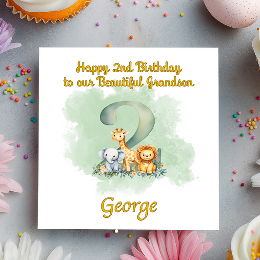 Birthday card with animals and 'Happy 2nd Birthday and  text personalised for name, age and relation on a light green background.