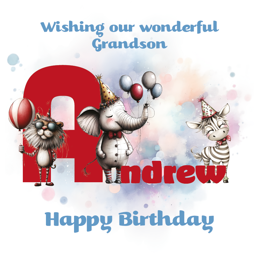 Birthday card with cartoon animals the letter A and personalised text on a decorative background.