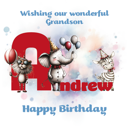 Birthday card with cartoon animals the letter A and personalised text on a decorative background.