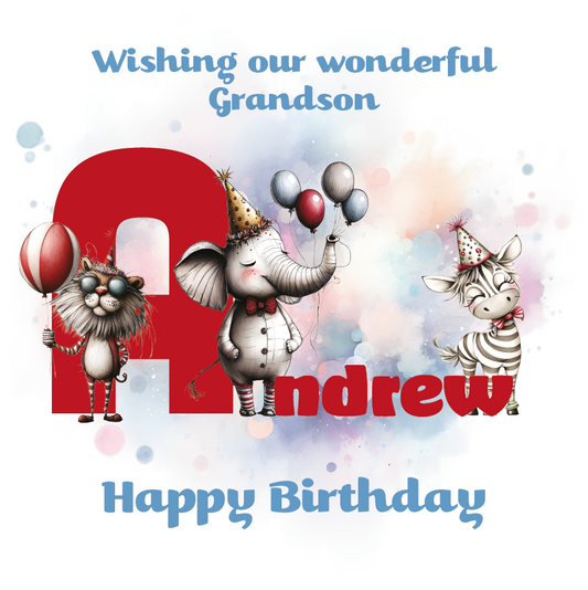 Birthday card with cartoon animals the letter A and personalised text on a decorative background.