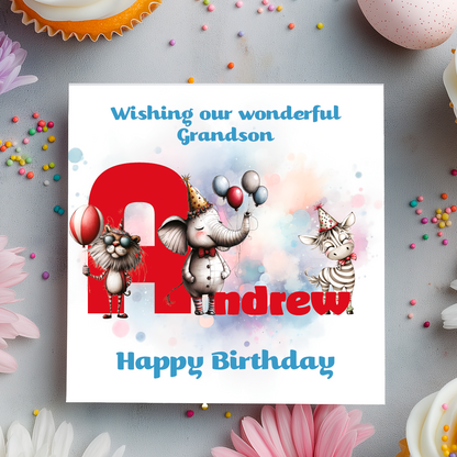 Birthday card with cartoon animals the letter A and personalized text on a decorative background.