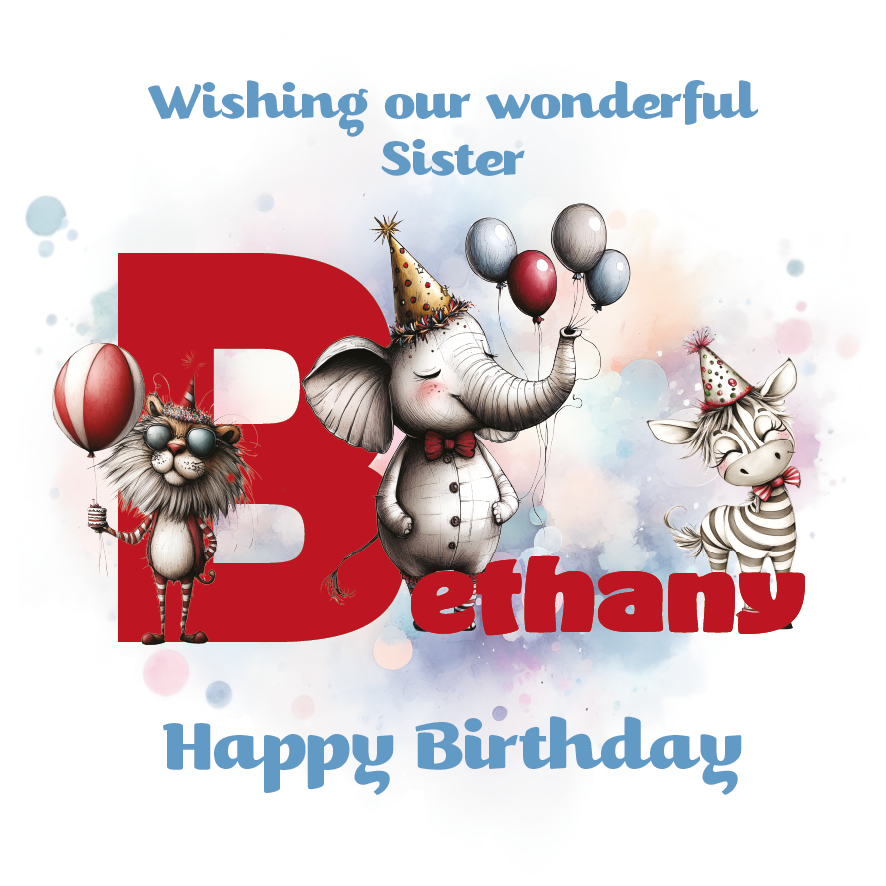 Birthday card with cartoon animals the letter B and personalised text on a decorative background.
