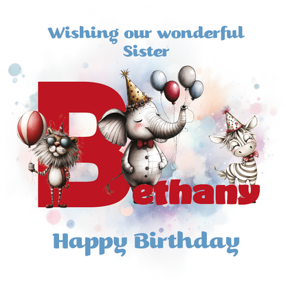 Birthday card with cartoon animals the letter B and personalised text on a decorative background.