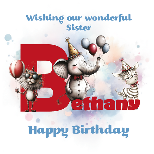 Birthday card with cartoon animals the letter B and personalised text on a decorative background.
