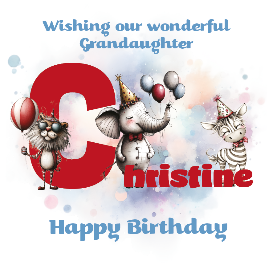 Birthday card with cartoon animals the letter C and personalised text on a decorative background.