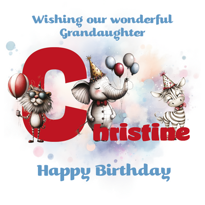 Birthday card with cartoon animals the letter C and personalised text on a decorative background.