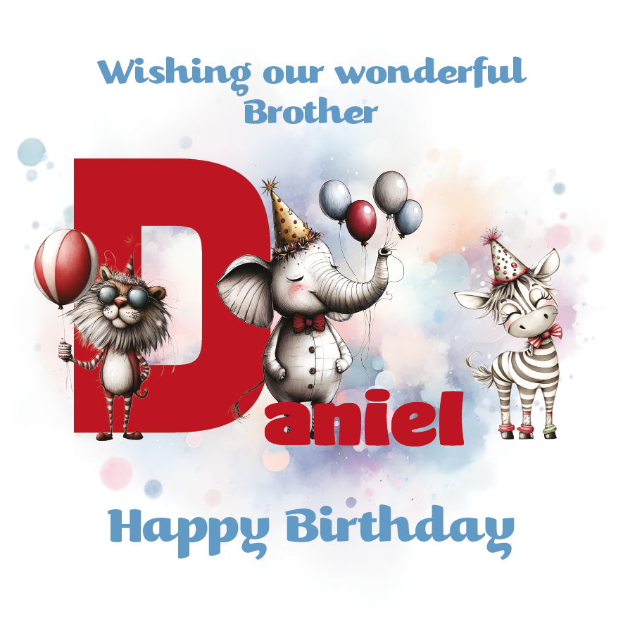 Birthday card with cartoon animals the letter D and personalised text on a decorative background.