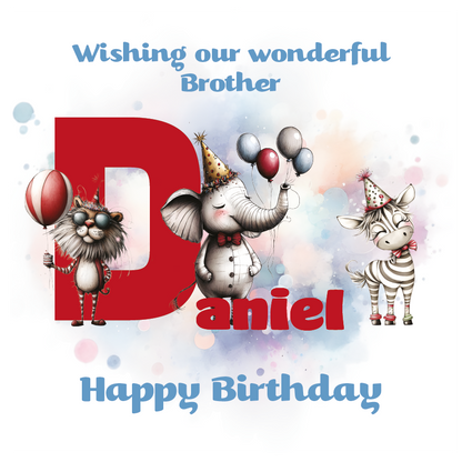 Birthday card with cartoon animals the letter D and personalised text on a decorative background.