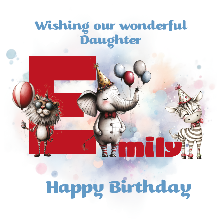 Birthday card with cartoon animals the letter E and personalised text on a decorative background.