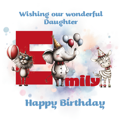 Birthday card with cartoon animals the letter E and personalised text on a decorative background.