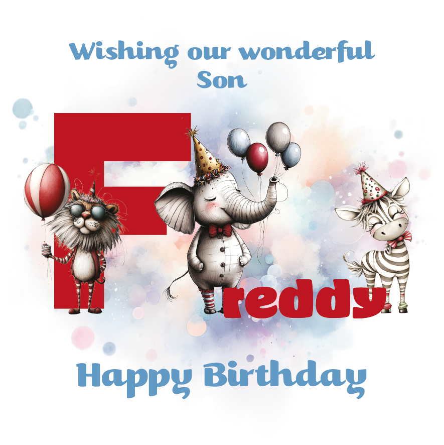 Birthday card with cartoon animals the letter F and personalised text on a decorative background.
