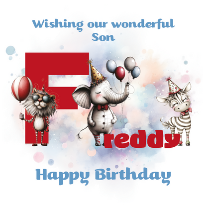 Birthday card with cartoon animals the letter F and personalised text on a decorative background.