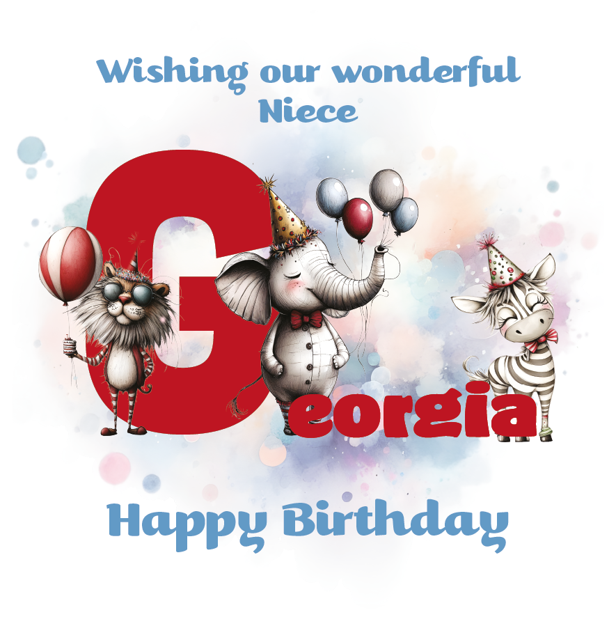 Birthday card with cartoon animals the letter G and personalized text on a decorative background.
