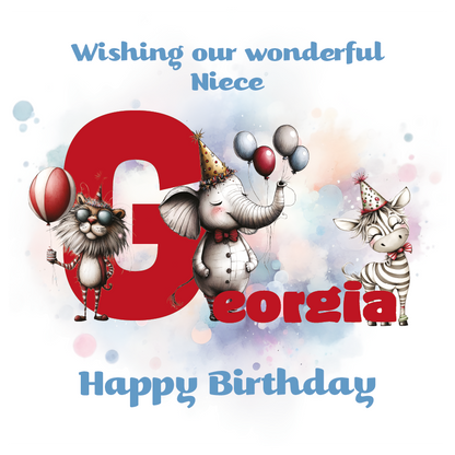 Birthday card with cartoon animals the letter G and personalized text on a decorative background.