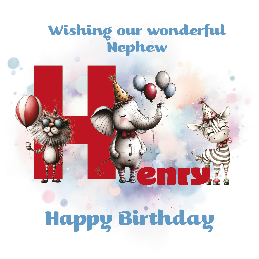 Birthday card with cartoon animals the letter H and personalized text on a decorative background.