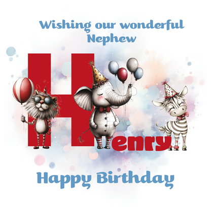 Birthday card with cartoon animals the letter H and personalized text on a decorative background.