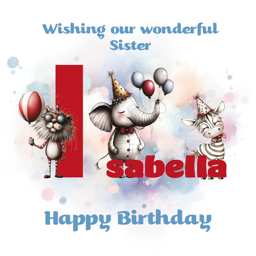 Birthday card with cartoon animals the letter I and personalized text on a decorative background.
