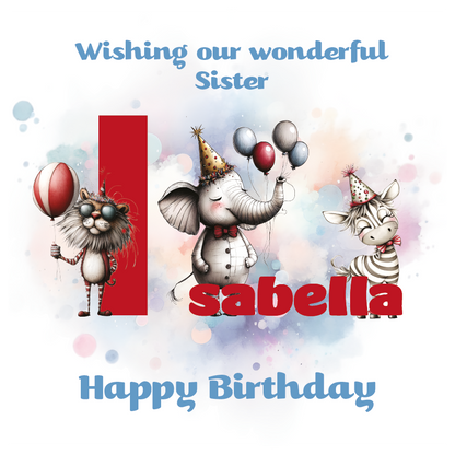 Birthday card with cartoon animals the letter I and personalized text on a decorative background.
