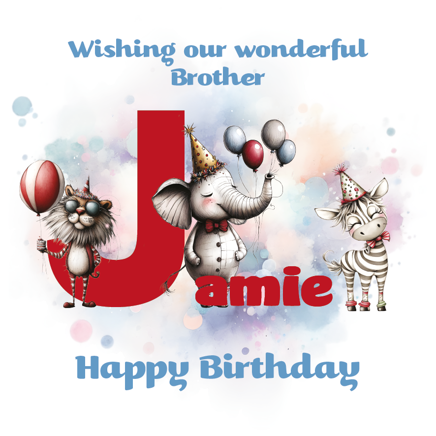 Birthday card with cartoon animals the letter J and personalized text on a decorative background.