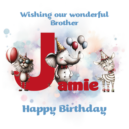 Birthday card with cartoon animals the letter J and personalized text on a decorative background.
