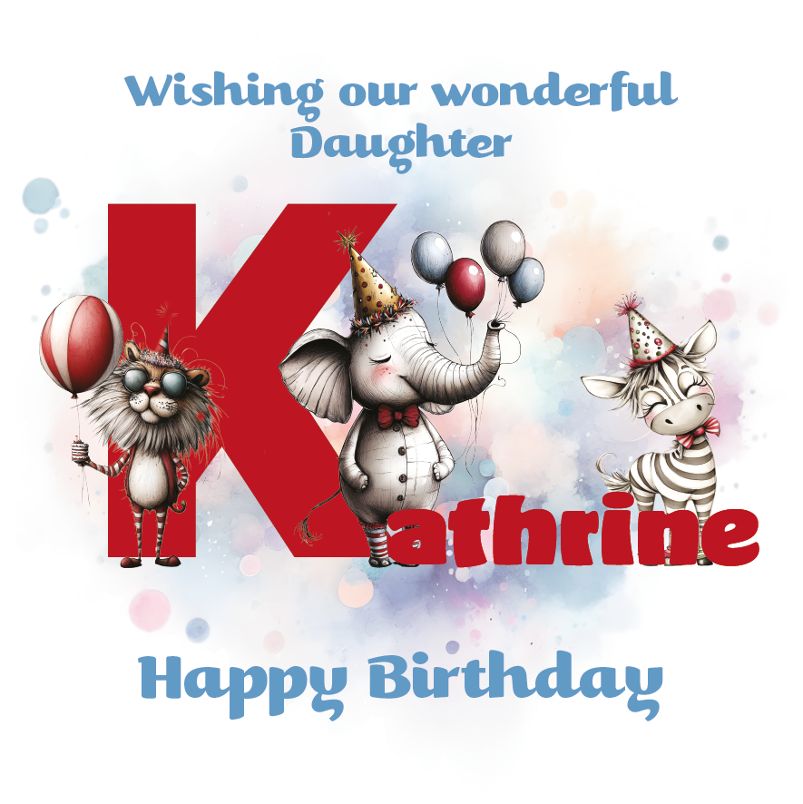 Birthday card with cartoon animals the letter K and personalized text on a decorative background.