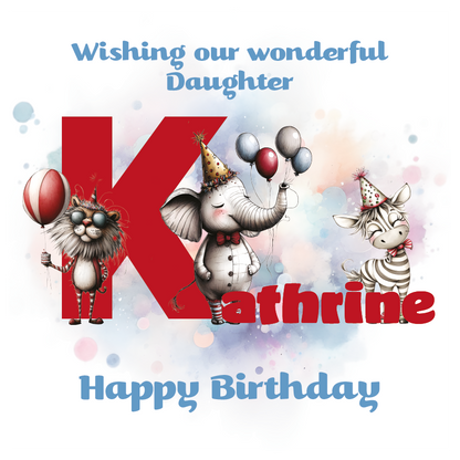 Birthday card with cartoon animals the letter K and personalized text on a decorative background.