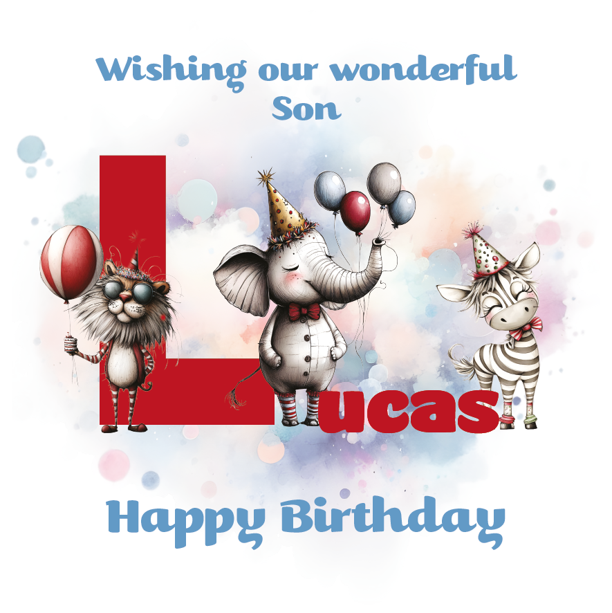 Birthday card with cartoon animals the letter L and personalized text on a decorative background.