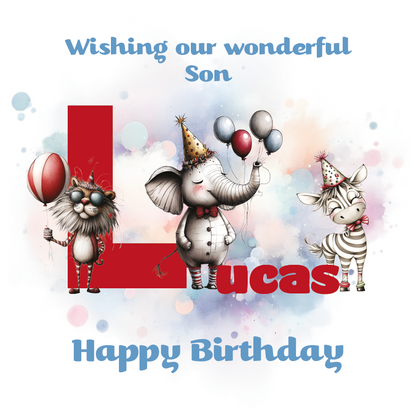 Birthday card with cartoon animals the letter L and personalized text on a decorative background.
