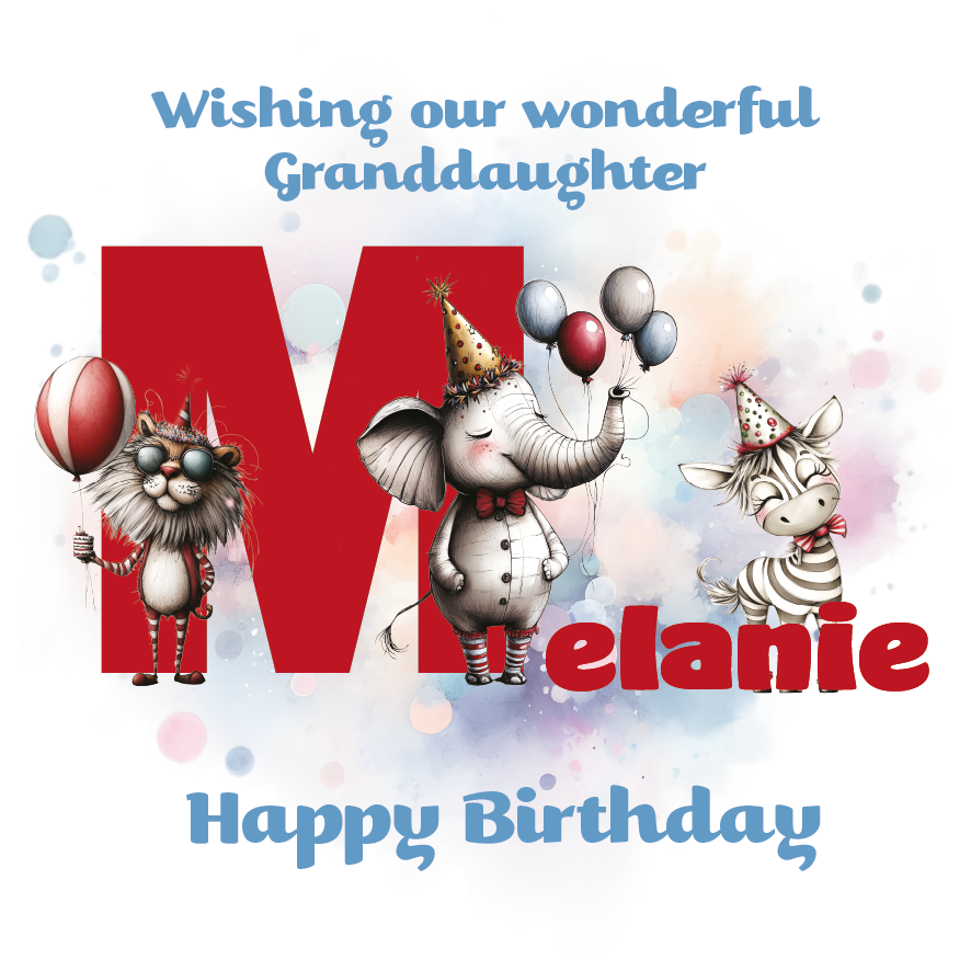 Birthday card with cartoon animals the letter M and personalised text on a decorative background.
