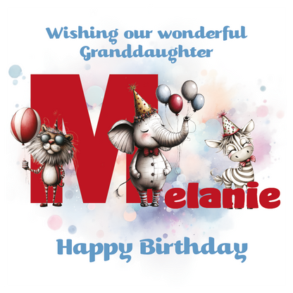 Birthday card with cartoon animals the letter M and personalised text on a decorative background.