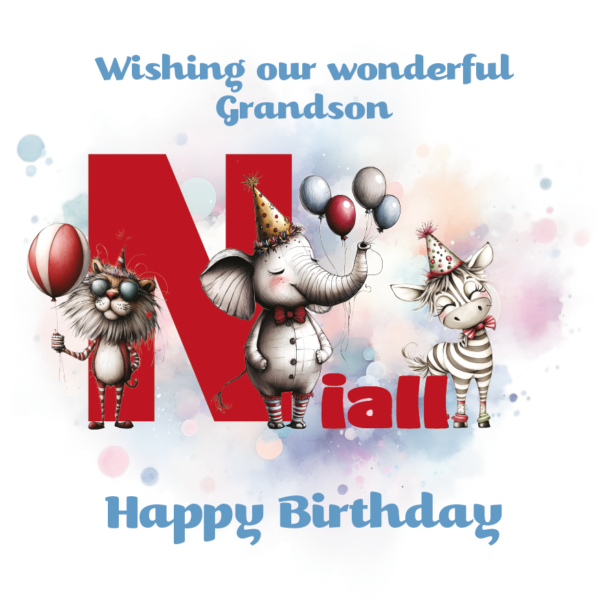 Birthday card with cartoon animals the letter N and personalised text on a decorative background.