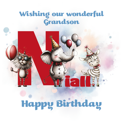 Birthday card with cartoon animals the letter N and personalised text on a decorative background.