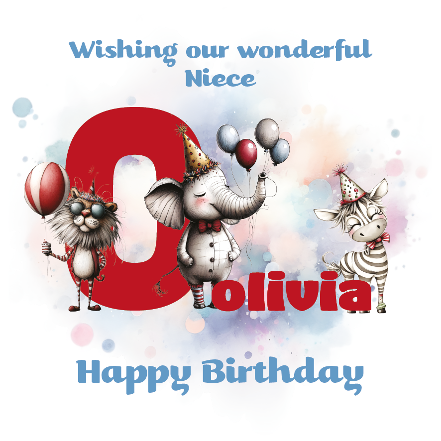 Birthday card with cartoon animals the letter O and personalized text on a decorative background.