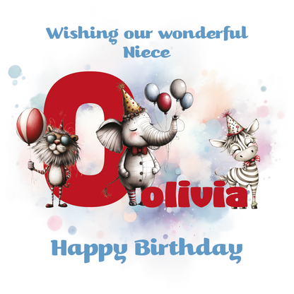 Birthday card with cartoon animals the letter O and personalized text on a decorative background.