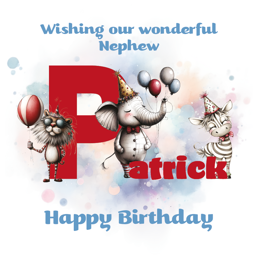 Birthday card with cartoon animals the letter P and personalised text on a decorative background.