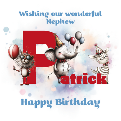 Birthday card with cartoon animals the letter P and personalised text on a decorative background.