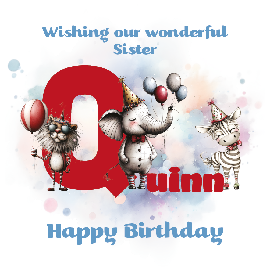Birthday card with cartoon animals the letter Q and personalized text on a decorative background.