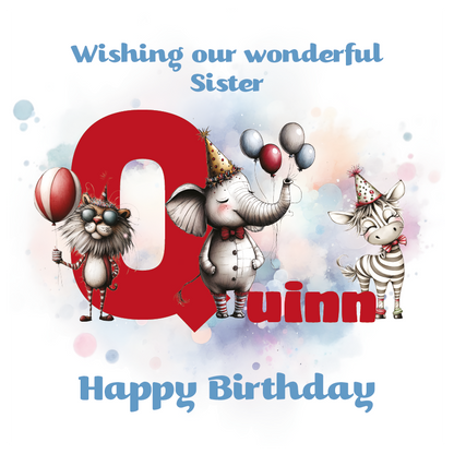Birthday card with cartoon animals the letter Q and personalized text on a decorative background.