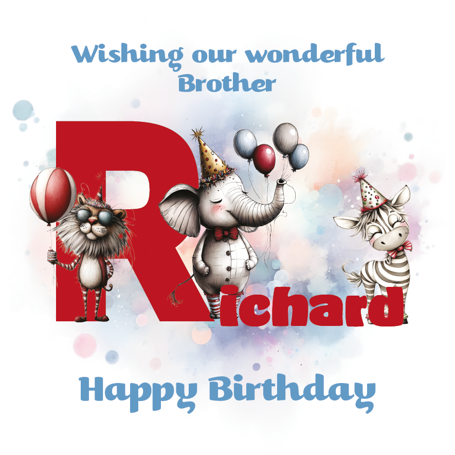 Birthday card with cartoon animals the letter R and personalized text on a decorative background.
