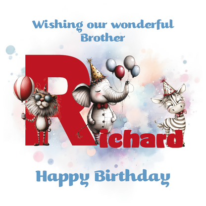Birthday card with cartoon animals the letter R and personalized text on a decorative background.