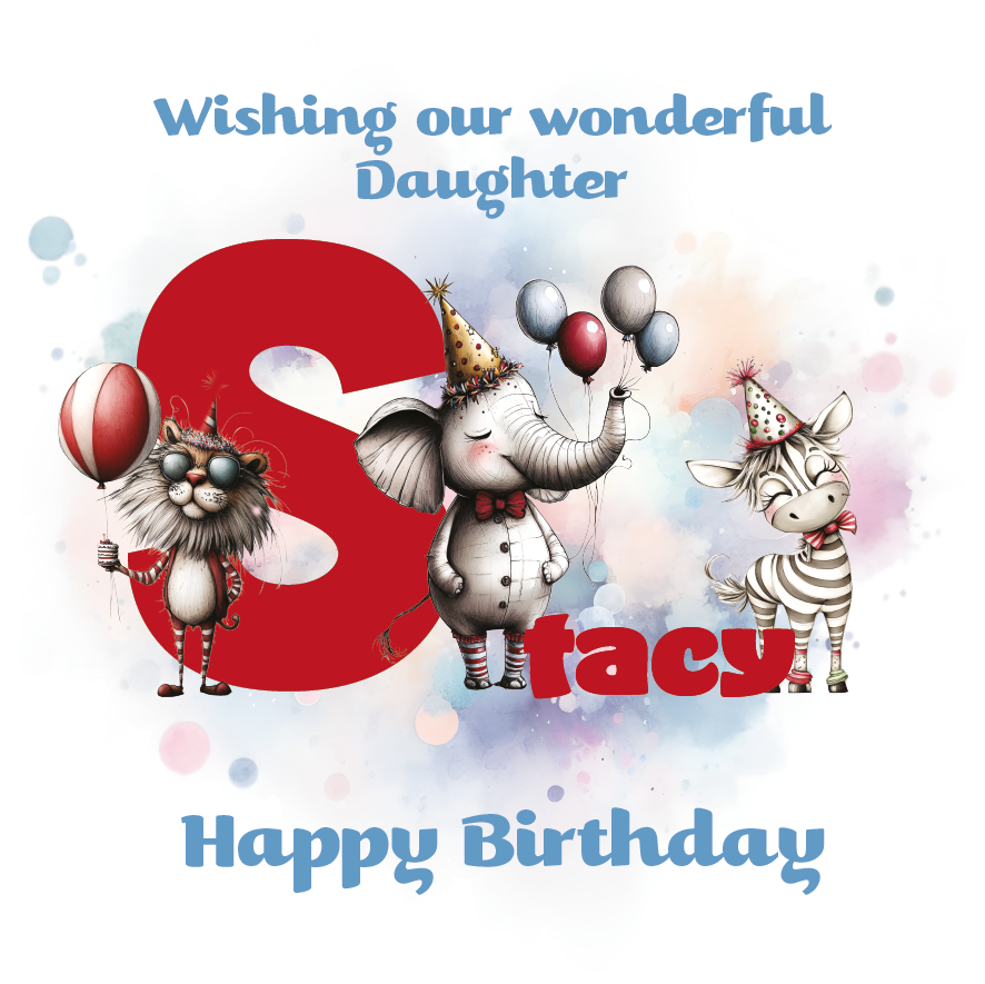 Birthday card with cartoon animals the letter S and personalised text on a decorative background.