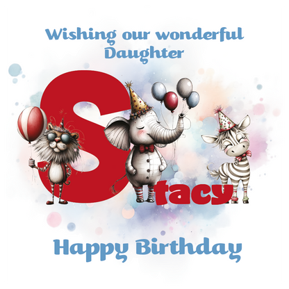 Birthday card with cartoon animals the letter S and personalised text on a decorative background.