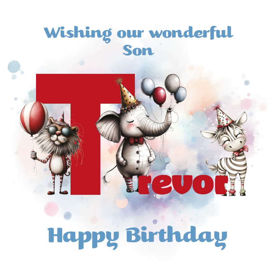Birthday card with cartoon animals the letter T and personalised text on a decorative background.