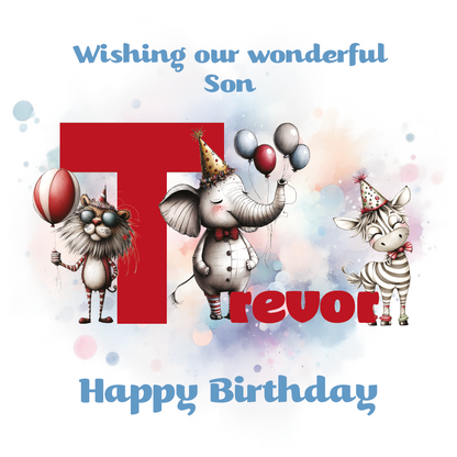 Birthday card with cartoon animals the letter T and personalised text on a decorative background.