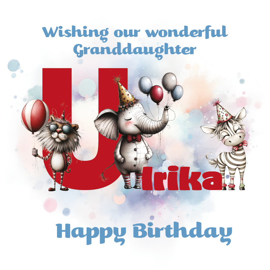 Birthday card with cartoon animals the letter U and personalised text on a decorative background.
