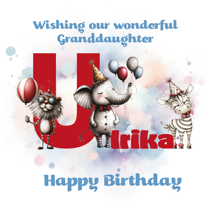 Birthday card with cartoon animals the letter U and personalised text on a decorative background.