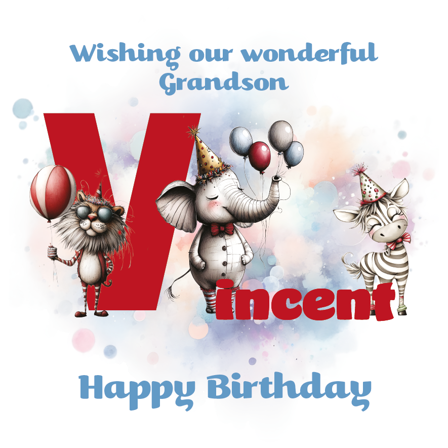 Birthday card with cartoon animals the letter V and personalized text on a decorative background.