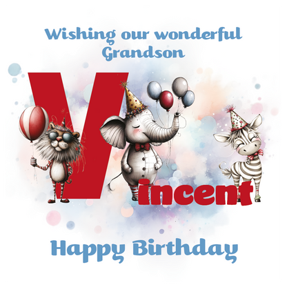 Birthday card with cartoon animals the letter V and personalized text on a decorative background.