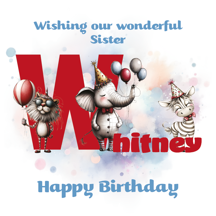 Birthday card with cartoon animals the letter W and personalized text on a decorative background.