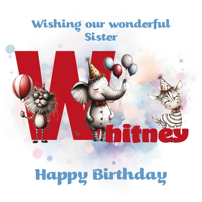 Birthday card with cartoon animals the letter W and personalized text on a decorative background.